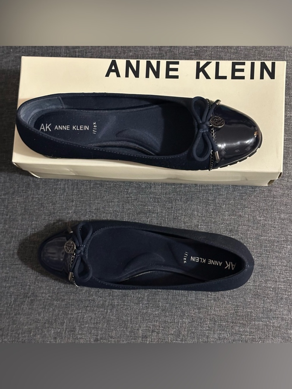Anne Klein Navy Patent Cap-Toe Bow Flats